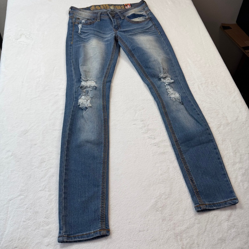 Dollhouse Skinny Jean Women 5 Blue Good Distress Union Jack Low Rise LT-1572MEI - Picture 2 of 13